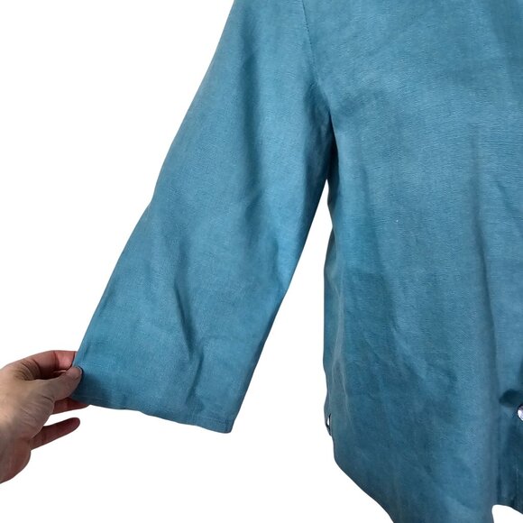 Orvis Button Up Linen Shirt S Teal 3/4 Sleeve Coastal Resort Relaxed Boxy Beach - Picture 4 of 9